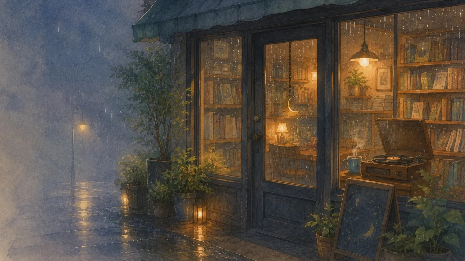 雨の夜、灯りのともった小さな書房の店先