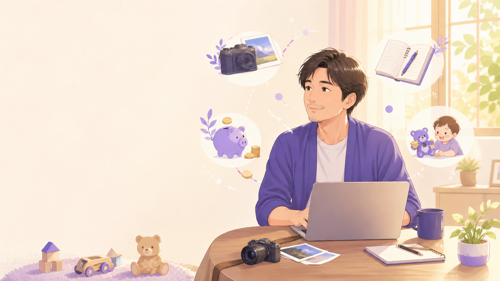 30代パパがスキマ時間で副業・投資・ブログに取り組むイラスト